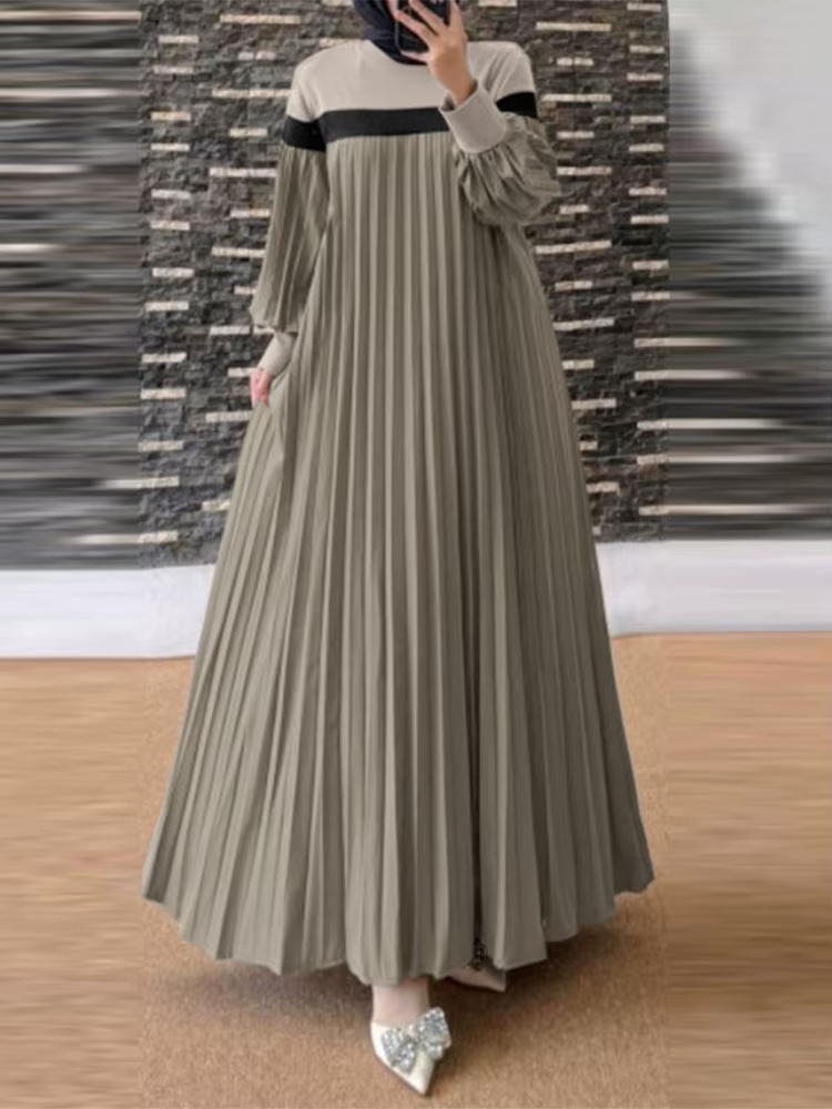 Autumn Vintage Long Sleeve Muslim Dress Abaya 2024 ZANZEA Women Patchwork Sundress Robe Pleated Vestidos Islamic Hijab Dresses