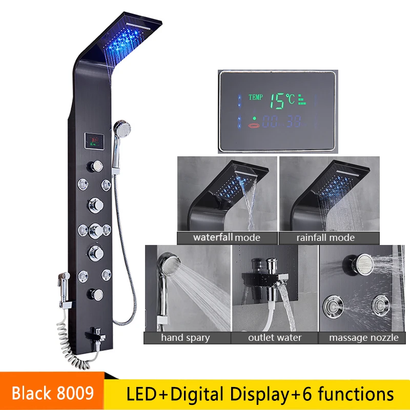 Senlesen Bathroom Shower Panel Faucet Mixer With LED Big Screen Digital Display Six Water Modes with Spray Gun Shower Column