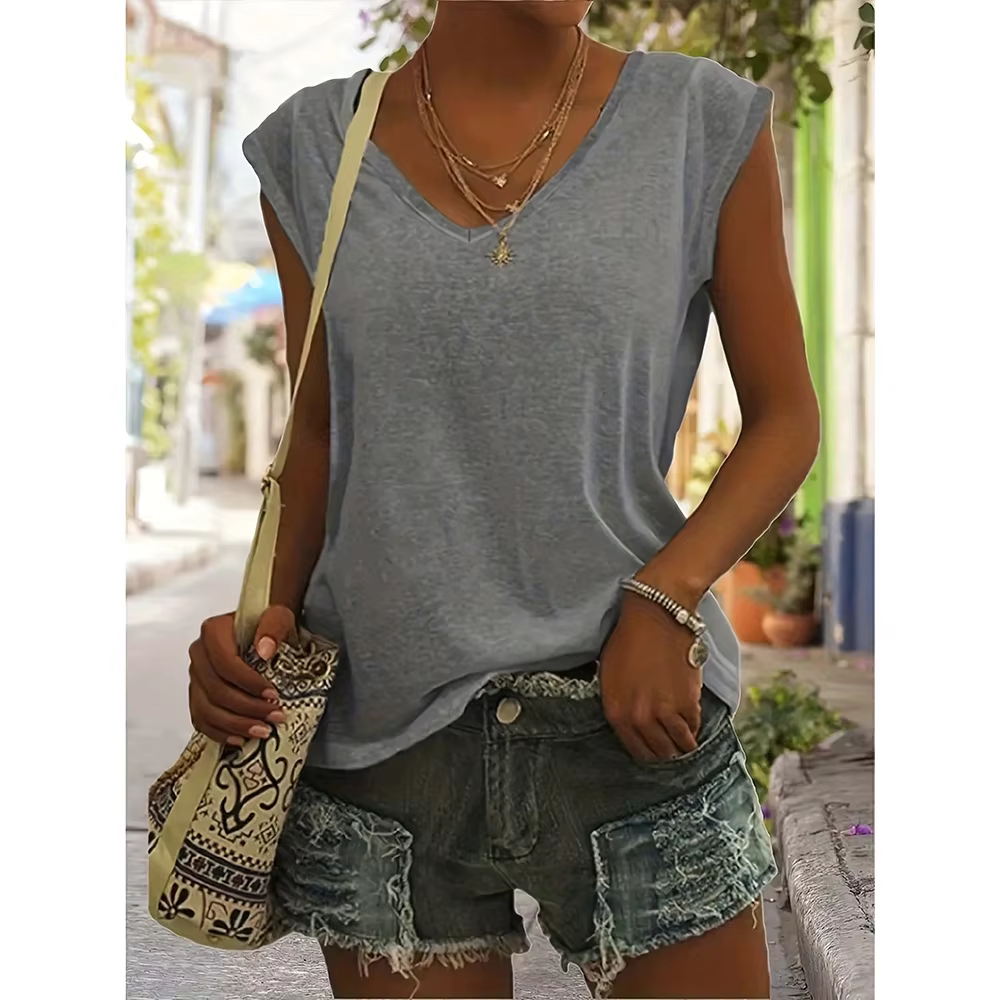 Summer Women Tank Top Solid Color Top Loose Plus Size Short Sleeve Beach Party Tank Top Fashion V-neck T-shirt Women's Clothing