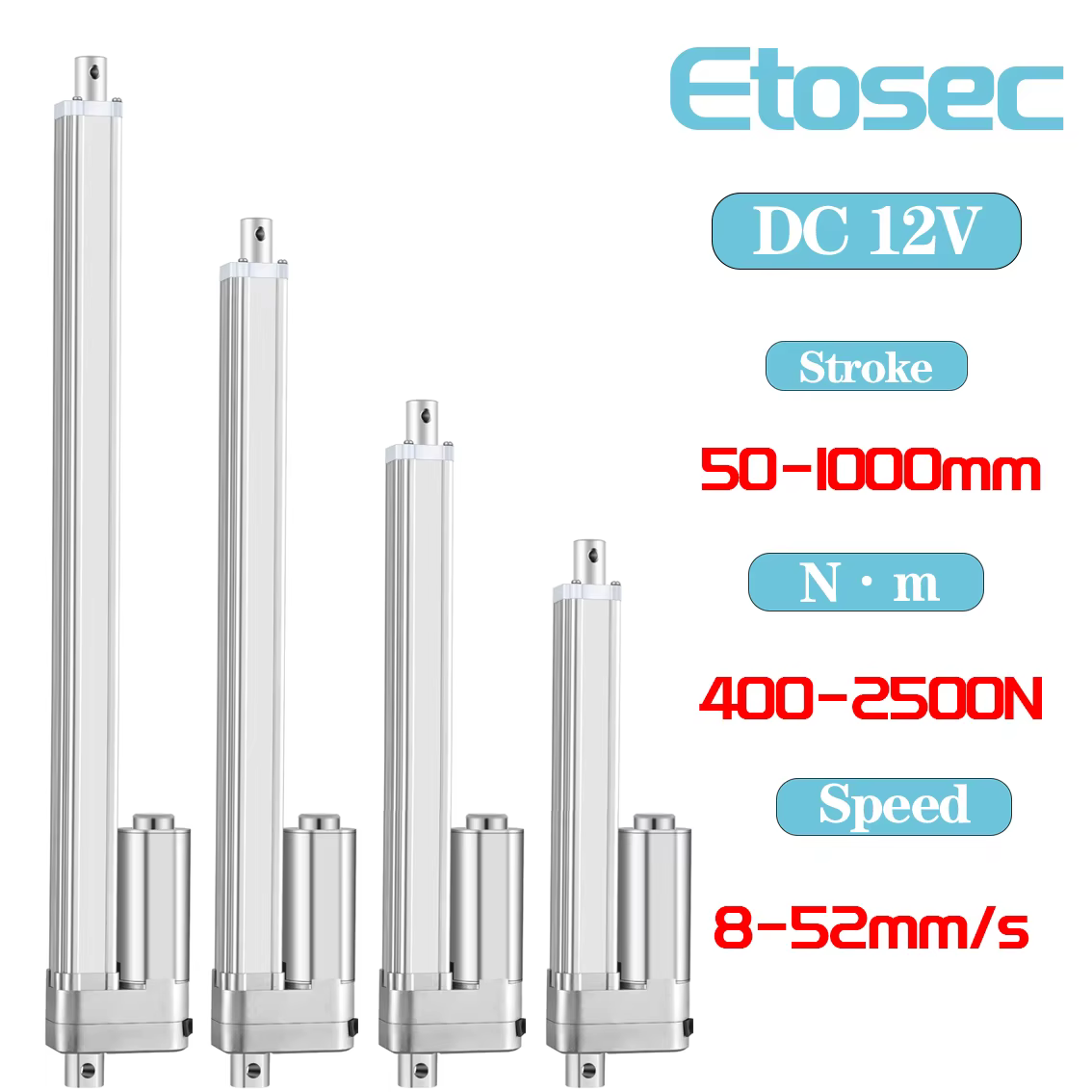 Etosec 2500N 12V 24V Linear Actuator Low Noise 50mm 100mm 300mm 700mm 900mm 1000mm Stroke Solar Tracker Motorisation of Door