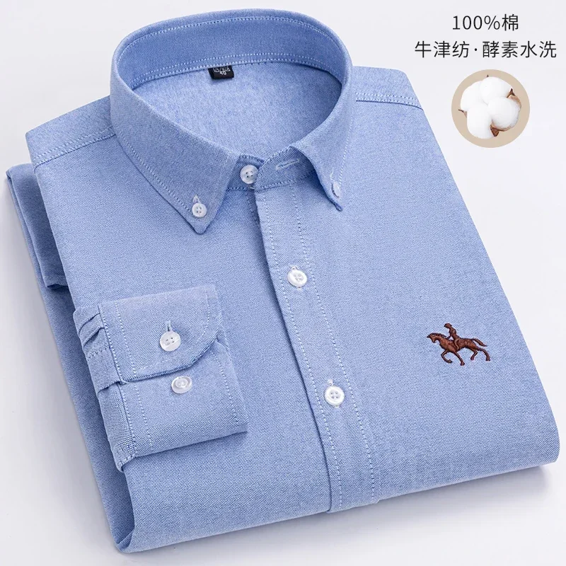 2024 Men Shirt Long Sleeve Casual Floral  Thick Oxford Man Embroidered Horse Shirts Streetwear Oversized 100% Cotton Plus Size
