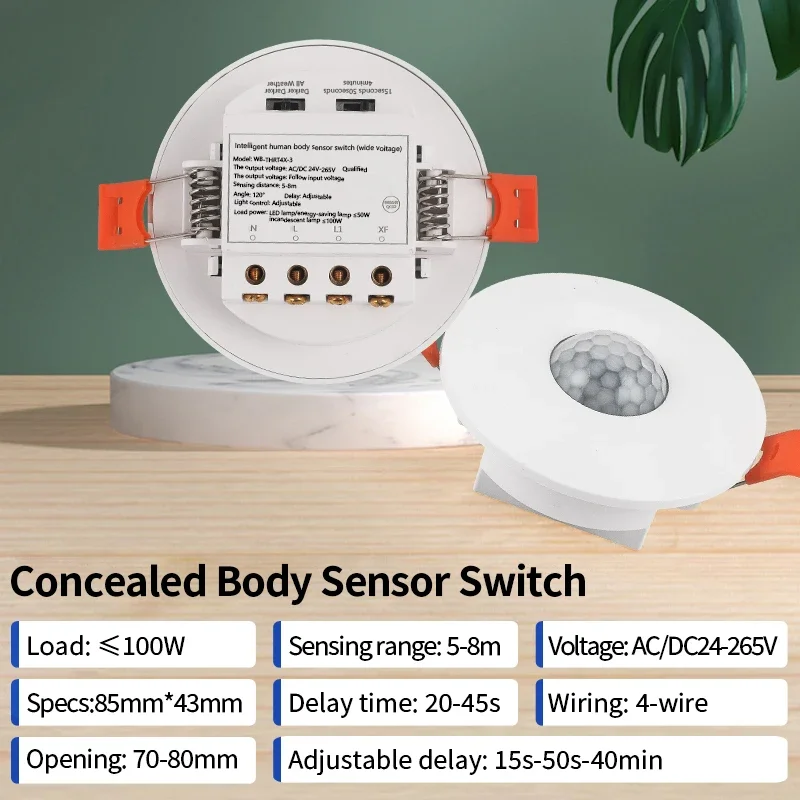 AC180-265V 4-Wire Embedded Body Sensor Switch Easy Installation Compatible with LED Lights Hidden Mini Switch Entrance Stairs