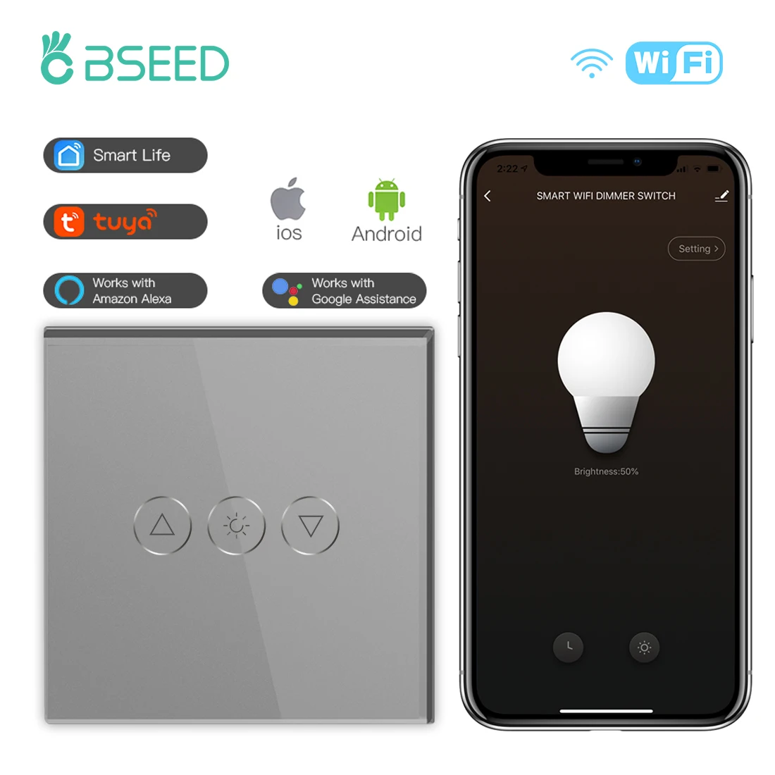 BSEED Wifi Dimmer Switch 1Gang1Way Smart Touch Switches LED Lamps Plus EU Socket Plug With USB Type-c Tuya Smart Life App 10A