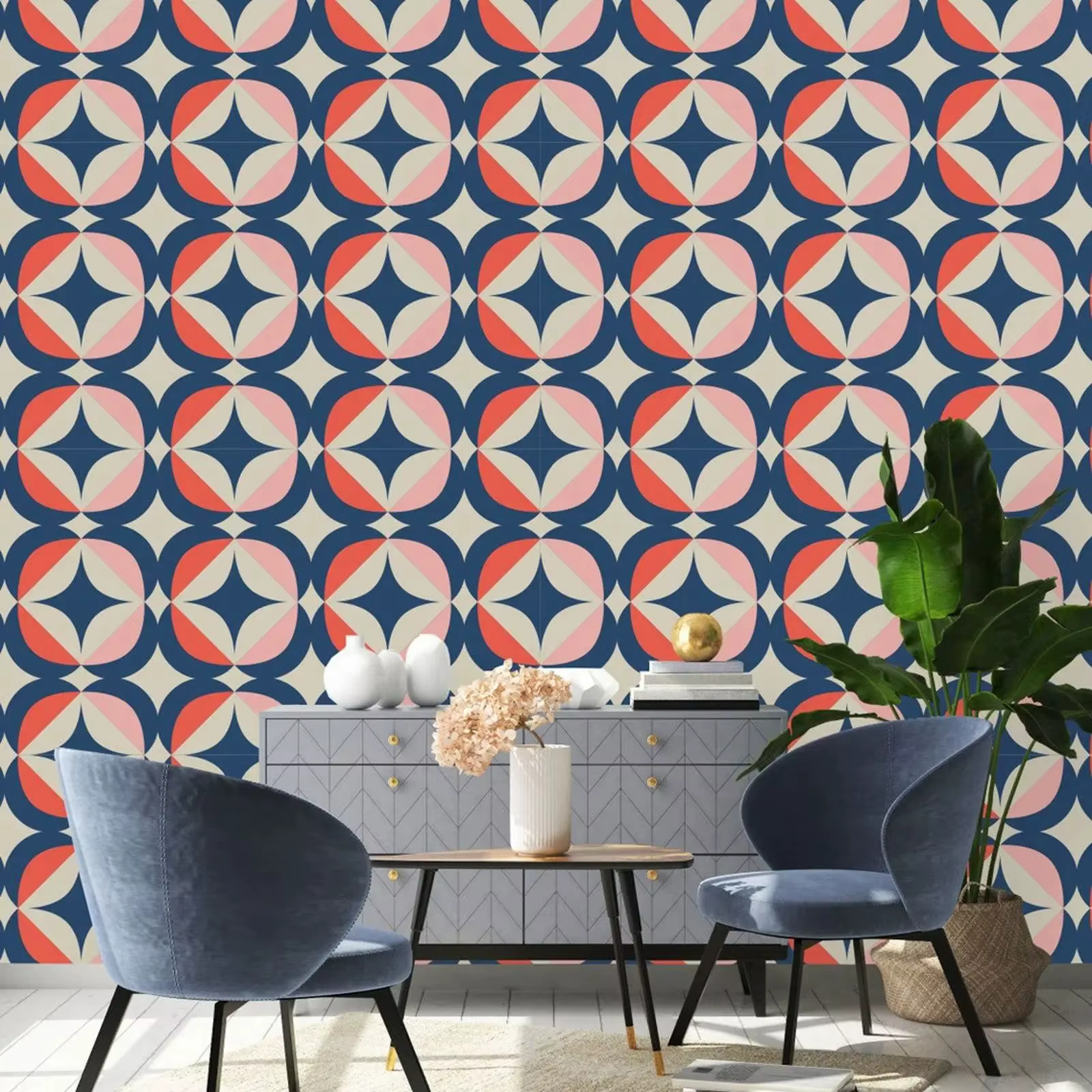 Modern Boho Wallpaper ,Geometric Bohemian Non-Woven Wall Paper ,Abstract  Colorful Peel and Stick  Wall Papers,Removable