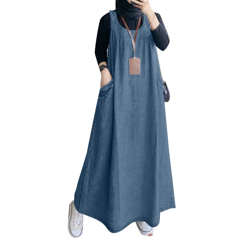 2024 ZANZEA Fashion Women Sleeveless Casual Loose Sundress Sarafans Solid Abaya Vestido Summer Denim Blue Muslim Overalls Dress