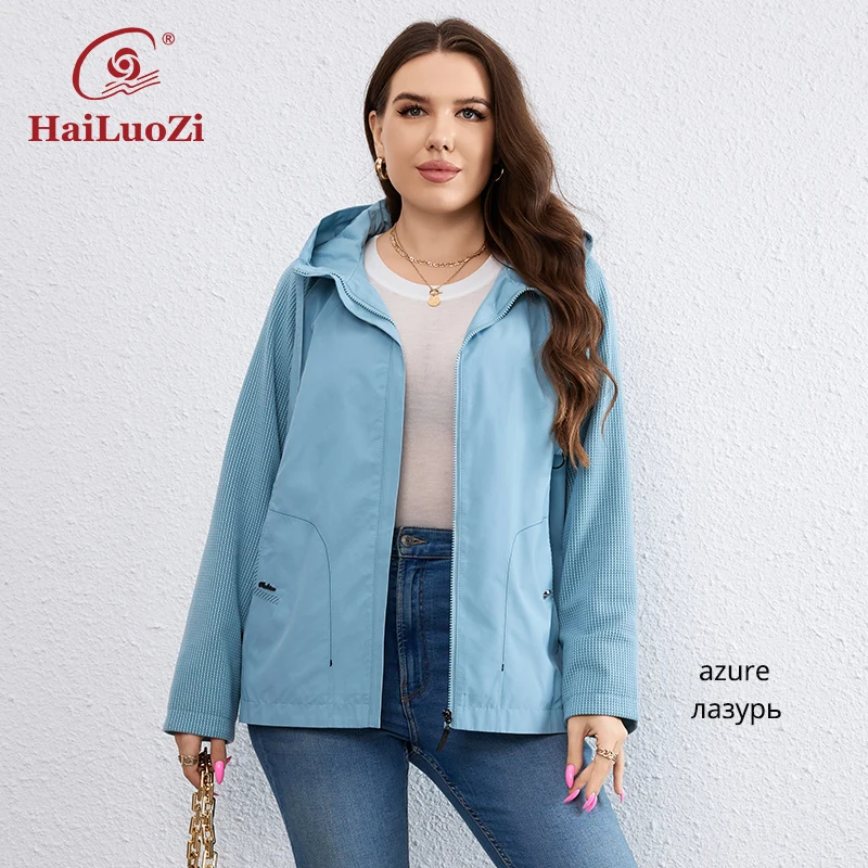 HaiLuoZi 2023 New Autumn Women Trench Coat Plus Size Solid Color Short Spliced Hooded Jacket Slant Pocket Female Outwear 729