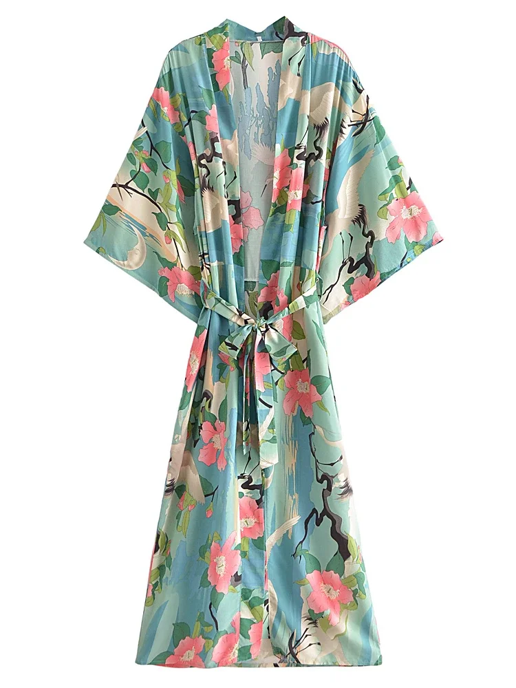 Vintage Green Crane Floral Print Rayon Cotton Sashes Bohemian Kimono Robe Women V Neck Batwing Sleeves Boho Bikini Cover-ups