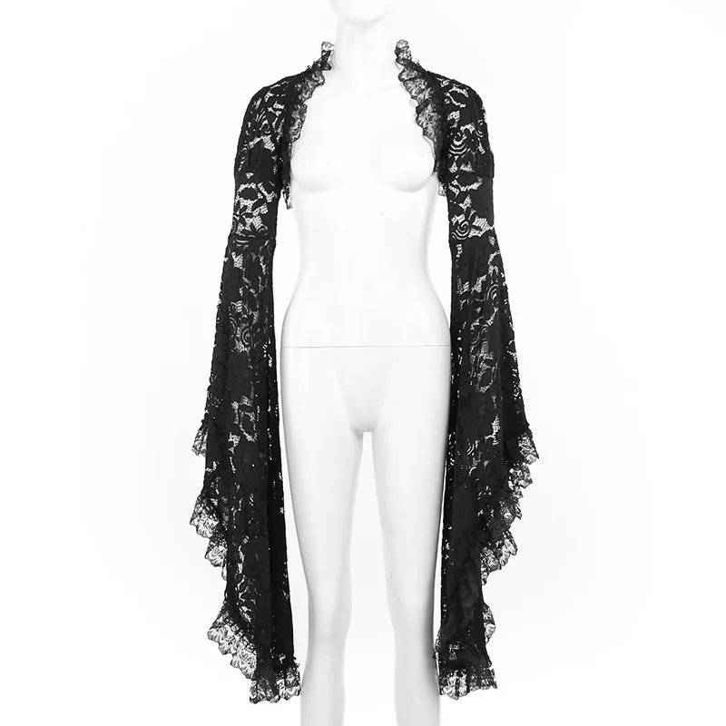 Gothic Classic Lace Cover Ups Women Mesh Crop Top See Through Sexy Flare Sleeve Blouse Y2k Black Rave Outfit Festival
