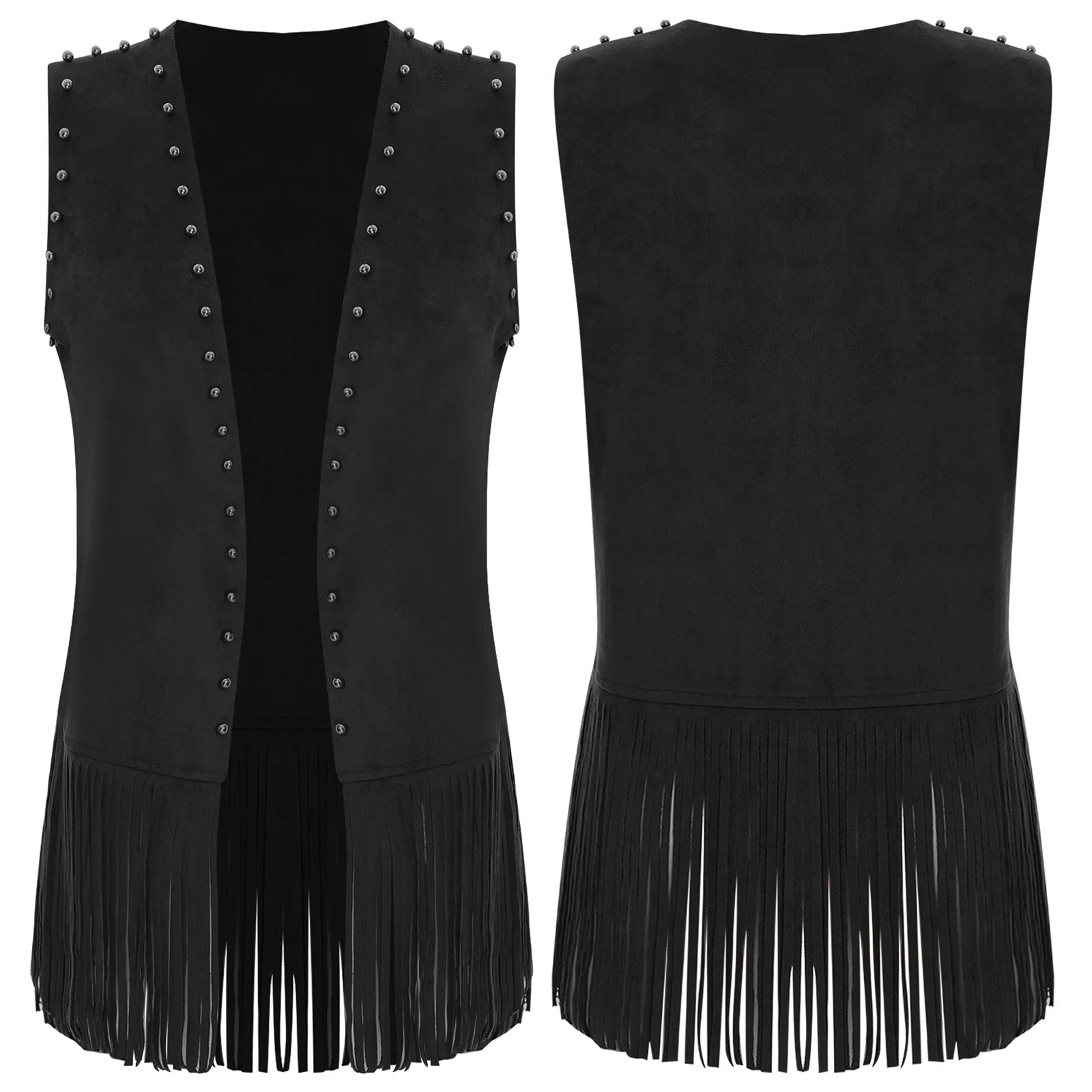 Vintage Brown Vest Women Plus Size Loose Fringe Vest Faux Suede Rivets Sleeveless Tassel Jacket Fashionable Folk Style Vest Coat