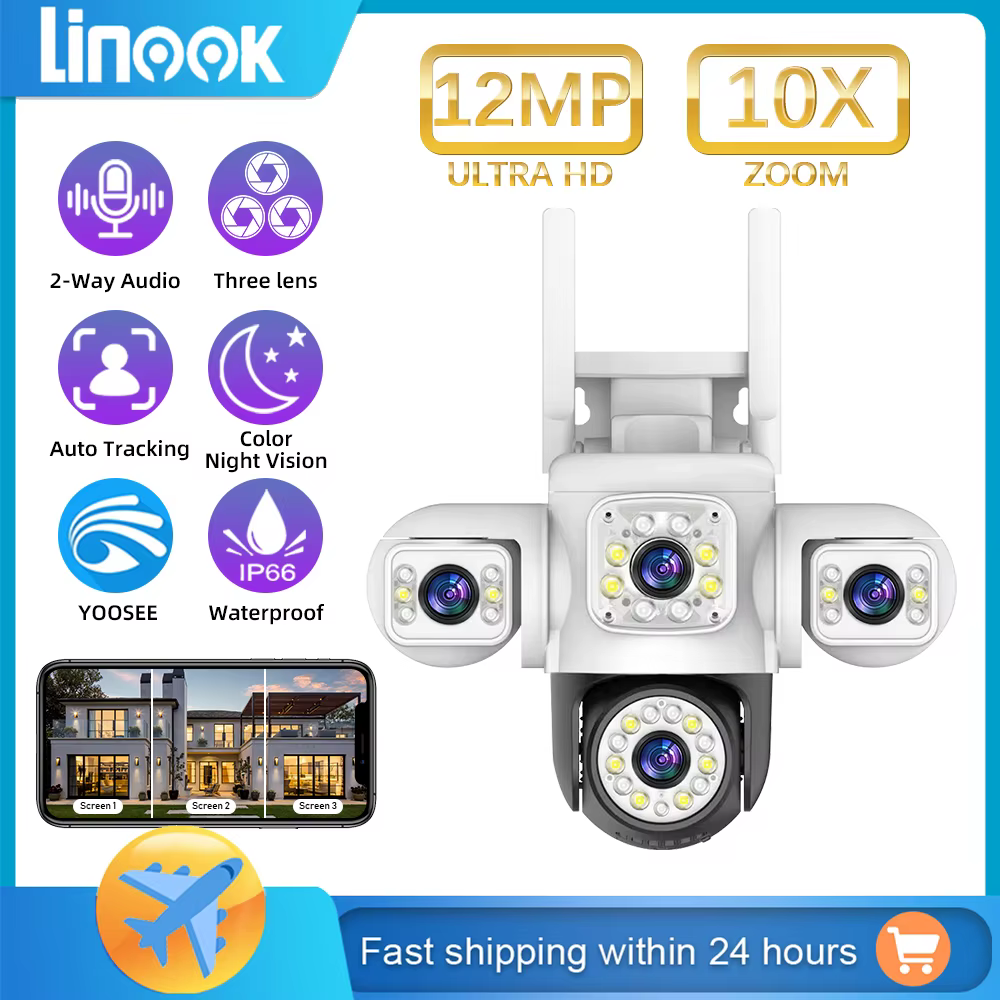 Linook yoosee,3 lenses and 3 screens,4K,12MP,WIFI wireless closed-circuit television,security camera,outdoor waterproof,network