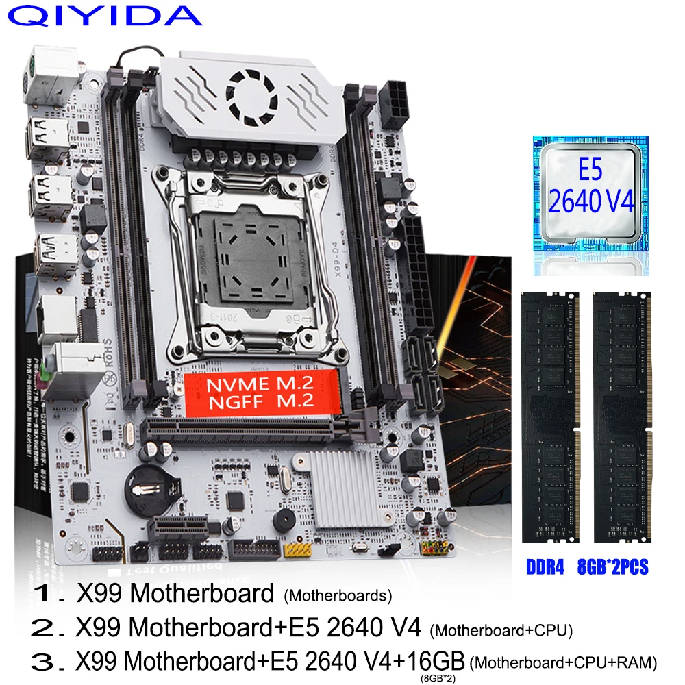 QIYIDA X99 Motherboard set LGA 2011-3 kit combo Xeon E5 2640 V4 CPU DDR4 8GBx2PCS=16GB NVME NGFF M.2 SATA3.0 USB3.0 X99 C612chip