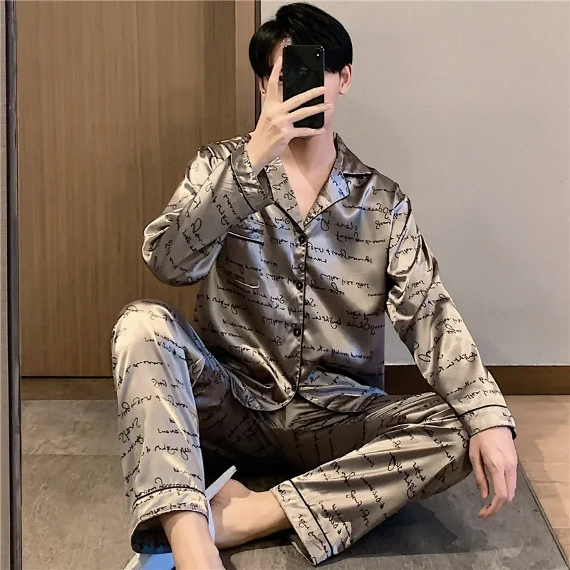 New Loungewear Men's Fashion Long Sleeve+Pants Satin Soft Pajama Sets Comfort Jacquard Ice Silk Home Wear Sleepwear Suit for Men