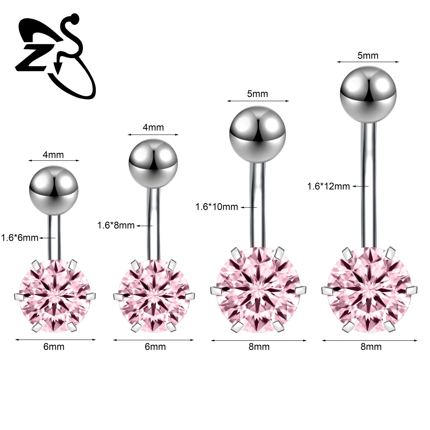 ZS 1 Piece 14G Stainless Steel Belly Button Ring 6/8/10/12MM Curve Navel Rings CZ Crystal Belly Piercing Body Piercings Jewelry