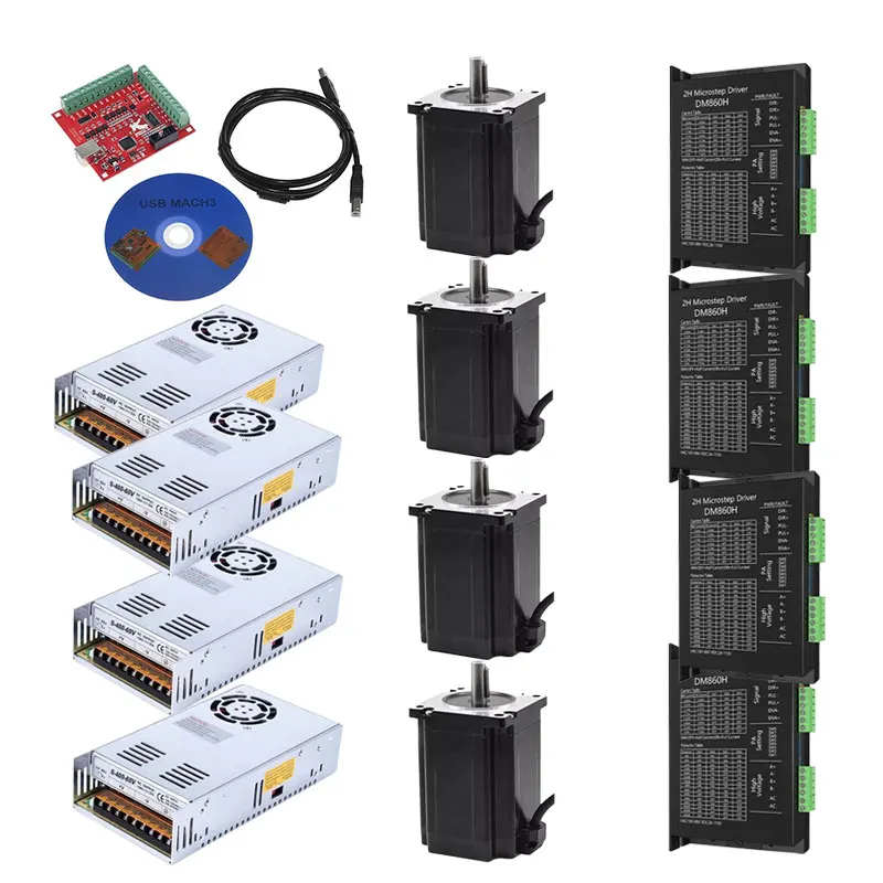 4 Kit Nema34 Stepper Motor 86 4.5N.m/8.5N.m/12N.m +DM860H Driver+400W 60V Power Supply+4 Axis USB Control Board for CNC Machine