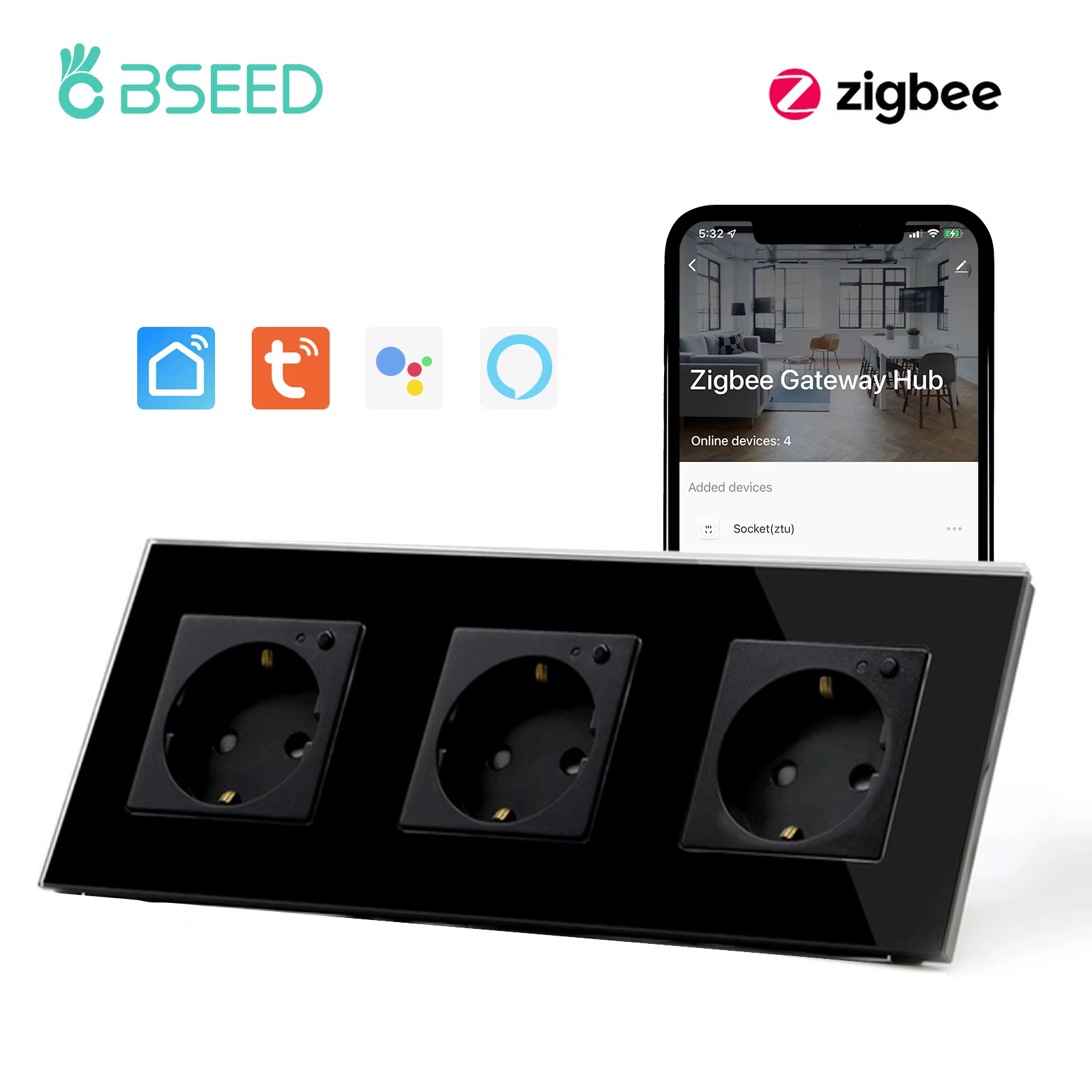BSEED EU Standard ZigBee Wall Sockets Triple Sockets 16A Power Sockets Glass Panel Support Tuya App Google Alexa Voice Control