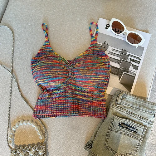 Tank Top Women Built In Bra Spaghetti Strap Crop Tops Womens V-neck Skinny Camis Female Rainbow Color Casual Almighty Dropship