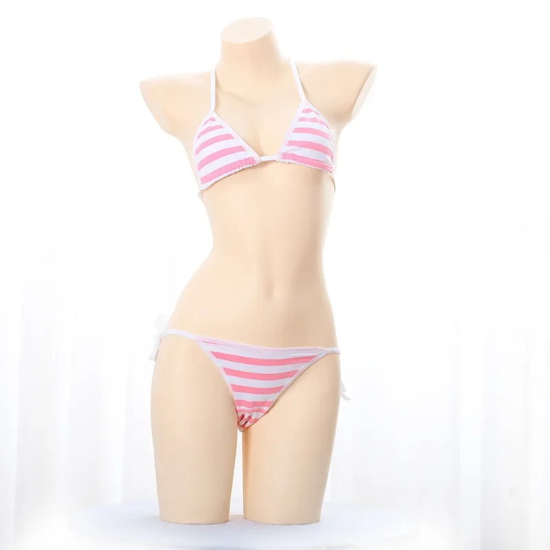 Blue Pink White Striped Mini Bra & Brief Sets Women Sexy Lingerie Lolita Kawaii Bikini Cosplay Erotic Costumes Underwear