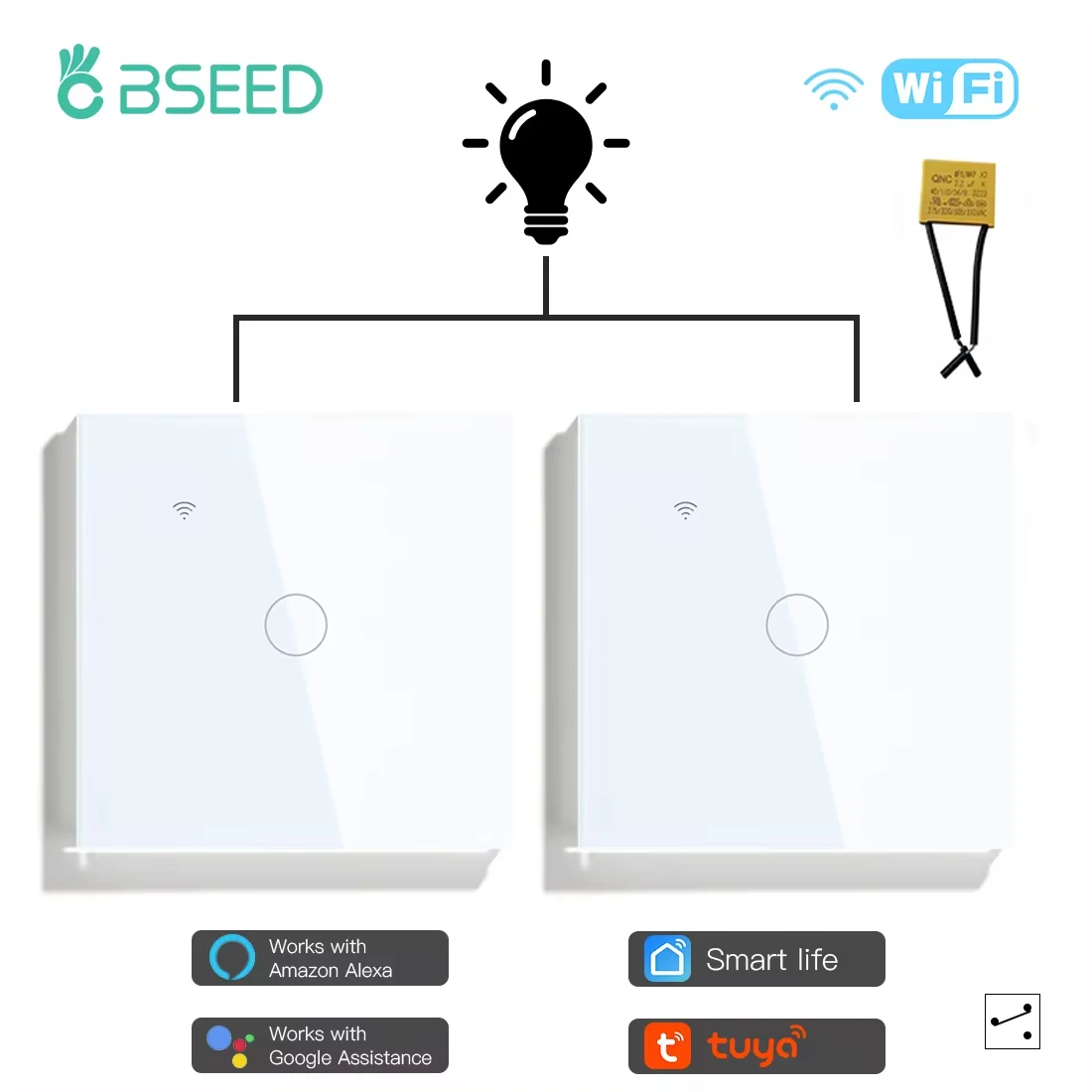 BSEED 1/2/3Gang Wifi Touch Switches With Capacitor 2Way For Stairs Corridors Lamps Tuya Smart Life Alexa App Control  2Pack