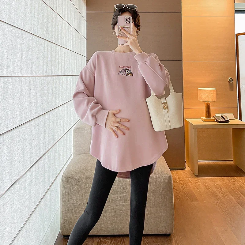 2025 Autumn Maternity Hoodies Fashion Embroidery Long Loose Irregular Pregnant Woman Sweatshirt Plus Size Pregnancy Pullover Top