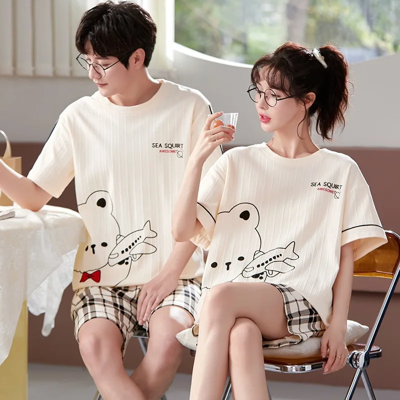 Cartoon Cute Summer Cotton Pajamas Set for Couples Women and Men Matching Sleepwear Short Sleeves Sleeping Top Shorts Pijamas