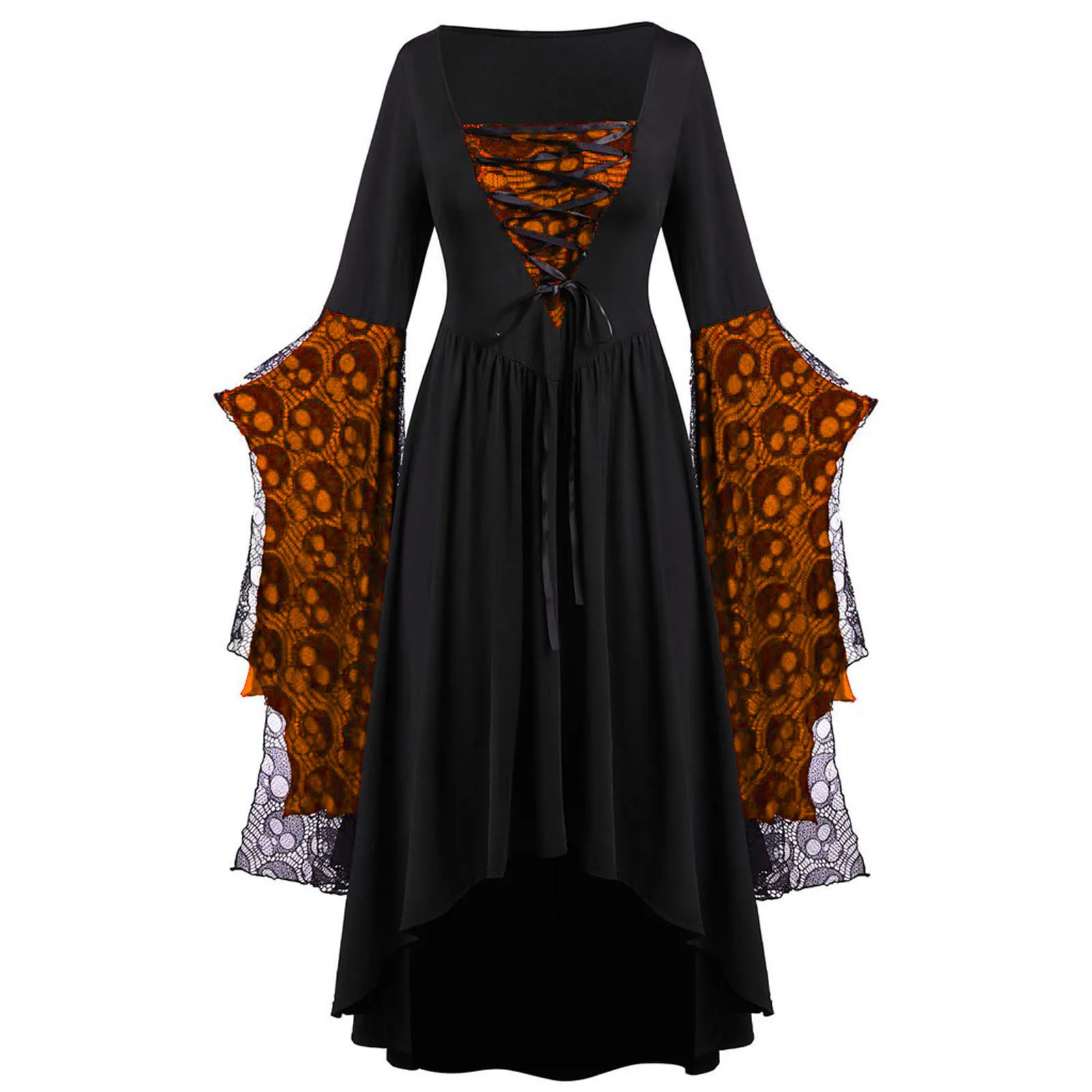 Halloween Gothic Dresses Women Vintage Witch Vampire Dress Dresses Up Carnival Party Dress Trumpet Sleeve Long Dress Plus Size