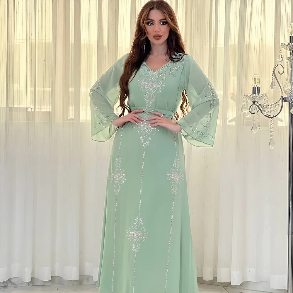 Polyester Muslim Abaya for Women Summer Elegant Orange Blue Pink Green Muslim Women Long Sleeve V-neck Polyester Long Abaya