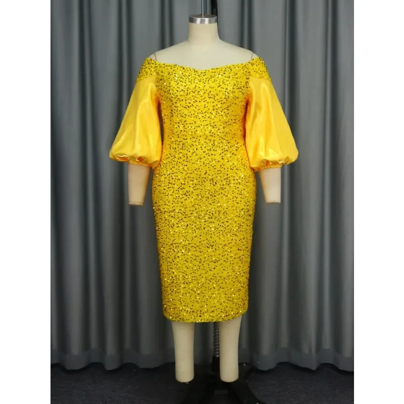 Women Shiny Sequin Dresses Velvet Christmas Bodycon Sexy Deep V Neck Puff Sleeve Vintage Tight Midi Sparkly Cocktail Club