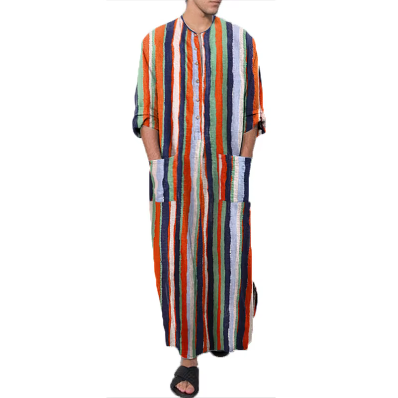 Men's Muslim Long Sleeve Cotton Striped Robes Islamic Arabian Kaftan Suit Middle East Dubai Abaya Retro Spring Clothing 2025 New