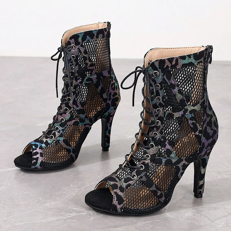 Sexy Colourful Leopard Fine High Heel Women Boots Mesh Breathable Peep Toe Sandals Spring New Plus Size 43 Party Dance Shoes