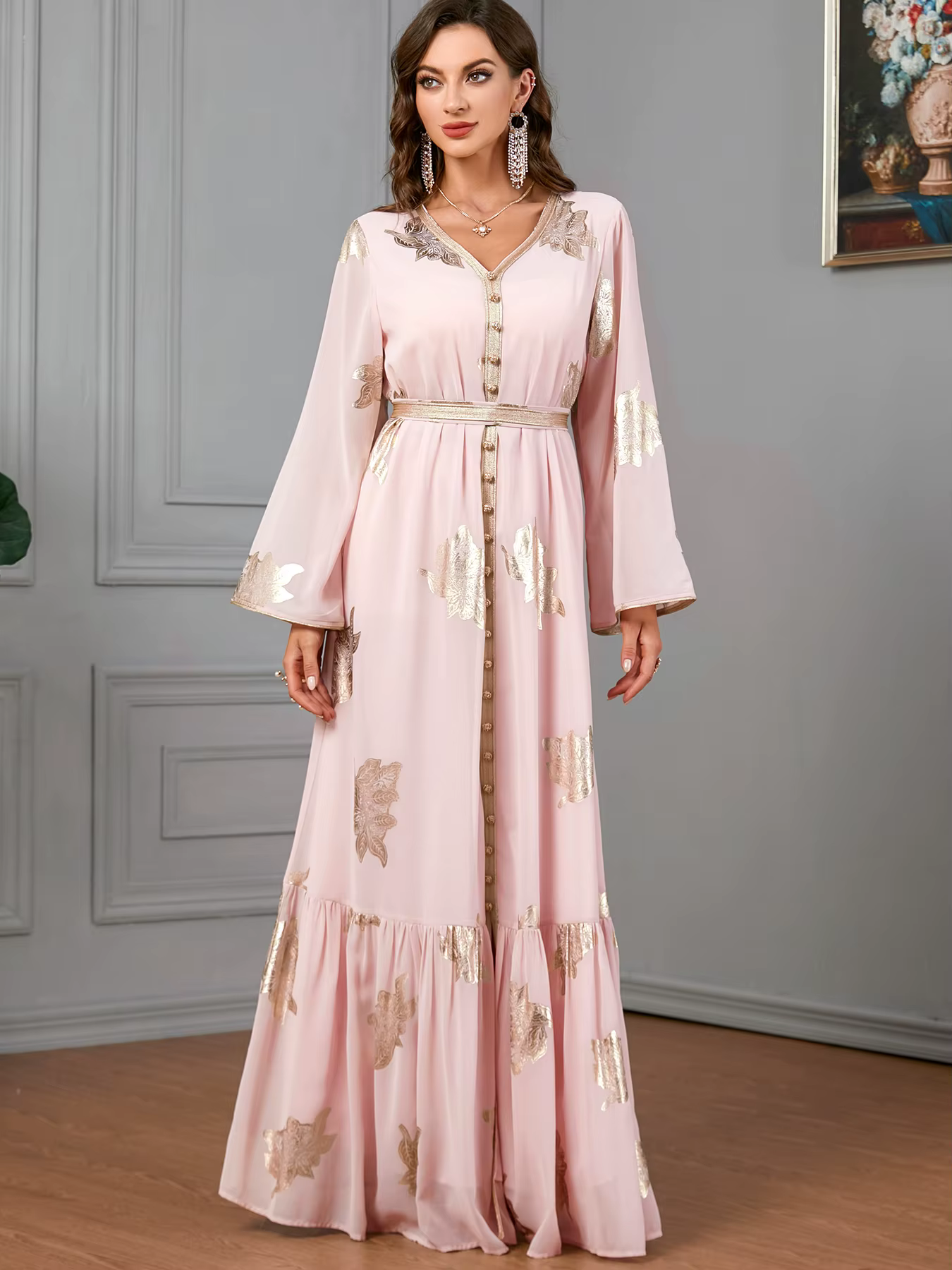 Party Dresses Muslim Abaya Women Dubai 2024 Iron Long Sleeve V-Neck Button Maxi Long Dress Tape Belted Kaftan Split Hem Vestidos