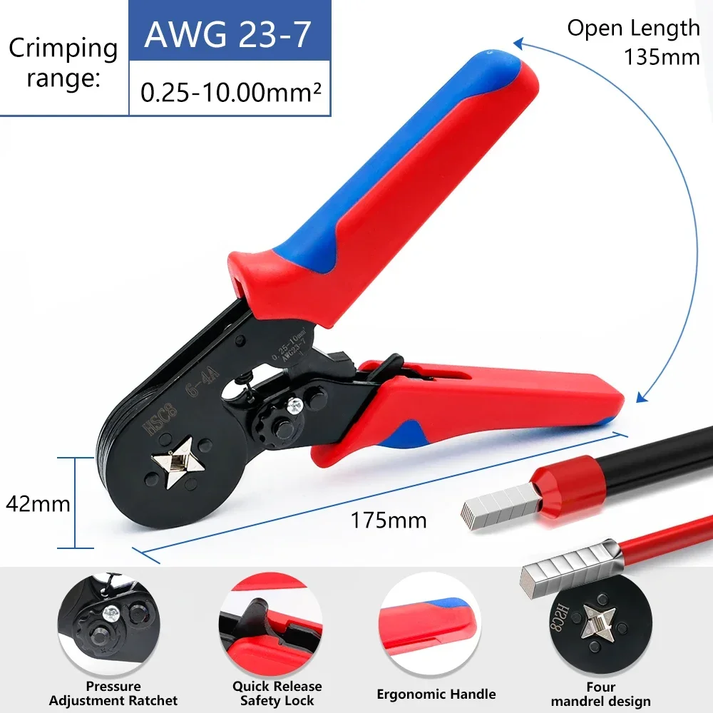 Terminals Hand Crimping Pliers 6-6 6-4 0.25-10mm² 23-7AWG 0.25-6mm² 23-10AWG Electrical Wire Ferrule Crimping Pliers Hand Tools