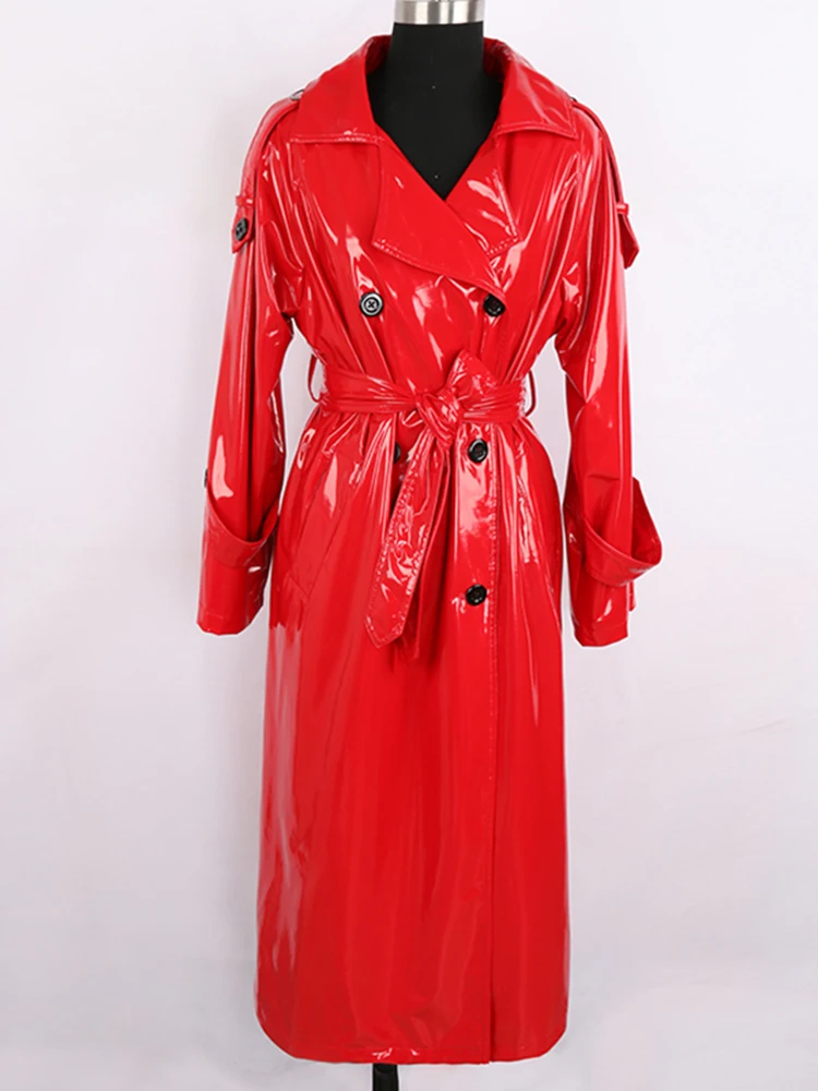 Nerazzurri Autumn Long Red Waterproof Shiny Reflective Patent Leather Trench Coat for Women Double Breasted Plus Size Fashion