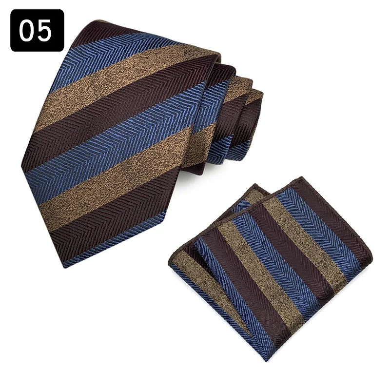 2 Pieces Set Navy Striped Neckties For Men Polyester Jacquard Pocket Square 8cm Width Brown Formal Neck Ties Tuxedo Suit Cravat