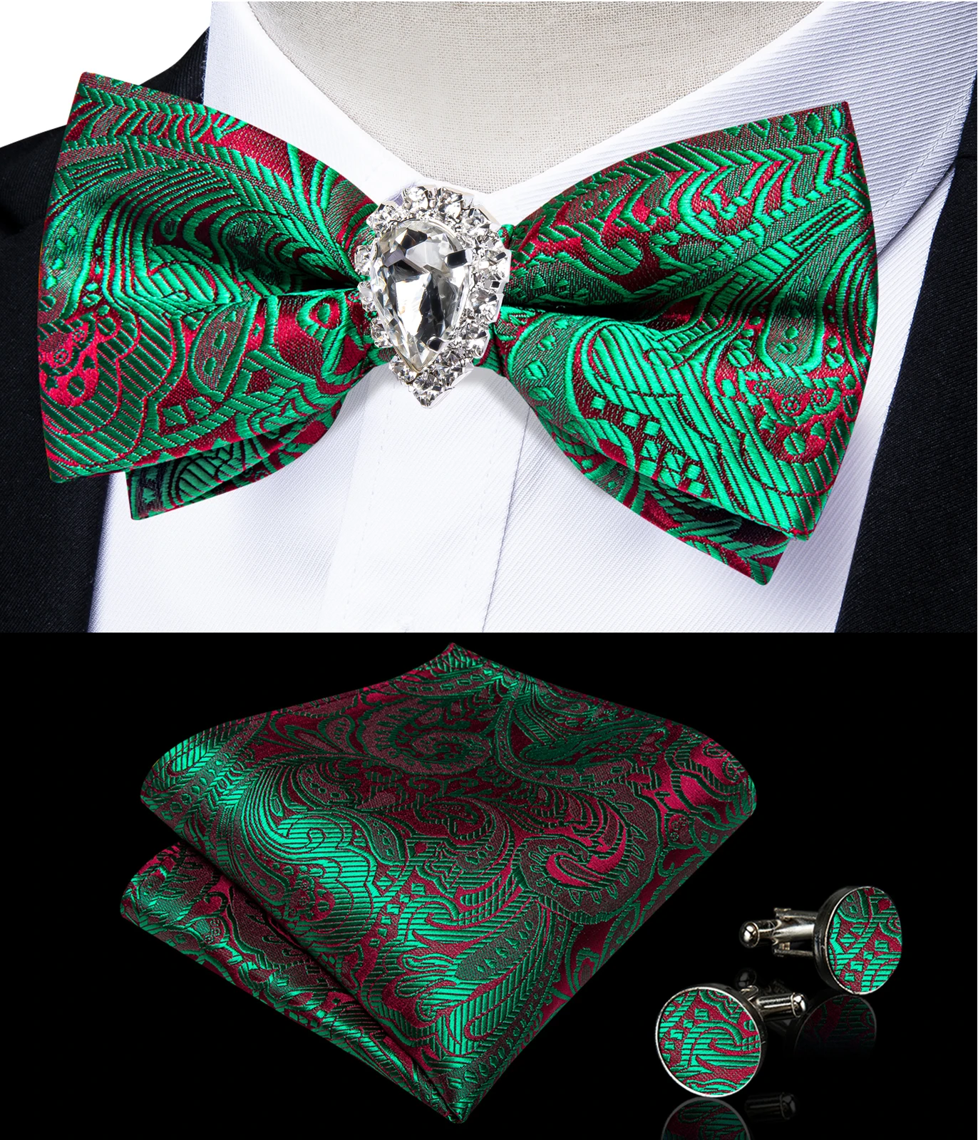 Men's Pre-tied Bow tie with Crystal Brooch Pocket Square Cufflinks Wedding Tuxedo Bowknot Cravat Groom Gift for Husband