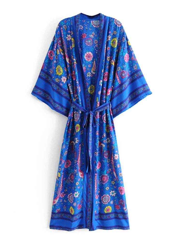 Blue Peacock Floral Print Sashes Bohemian Kimono for Women V Neck Batwing Sleeves Beach Maxi Dress Boho Robe Cover-ups
