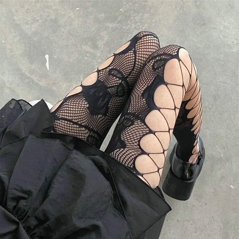 Gothic Hollow Out Rose Fishnet Stockings JK Lolita Mesh Tights Women Sexy Bottomed Pantyhose Punk Streetwear Leggings Hosiery