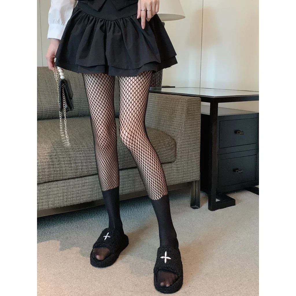 Sexy Women Fake Long Tube Fishnet Pantyhose Goth Lolita Uniform Mesh Bottom Patchwork Black Tights Hot Girl Thin Gothic Hosiery