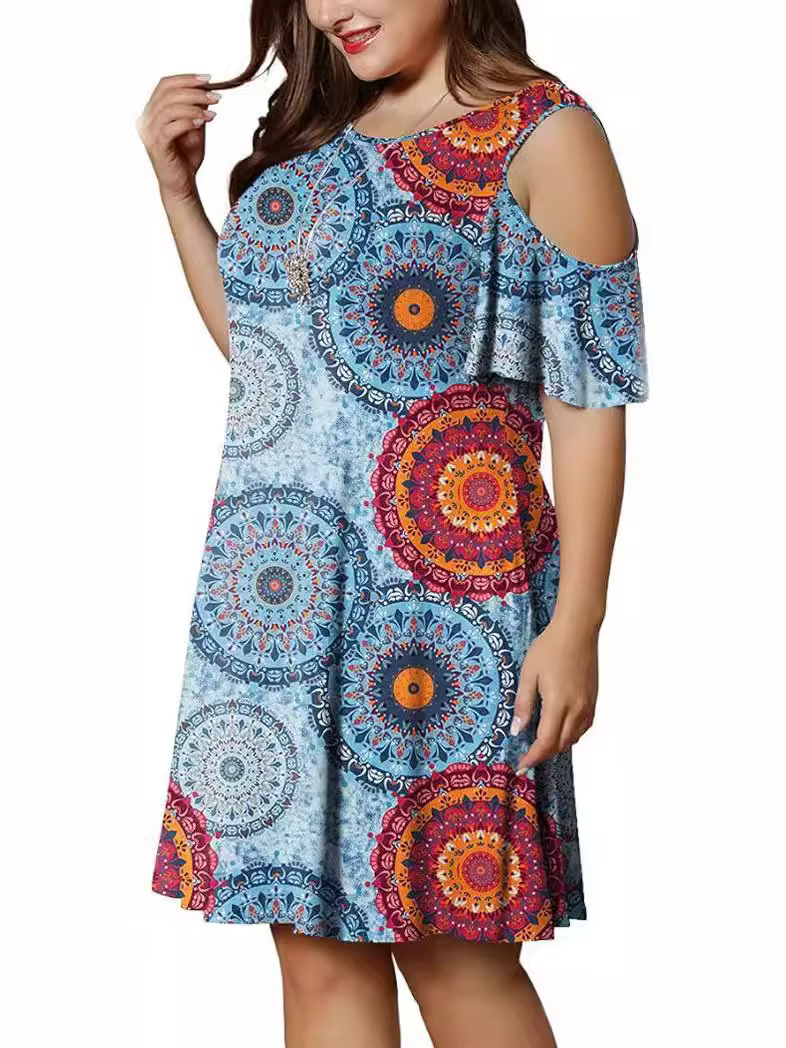 2024 new plus size women's round neck off-shoulder print large-size T-shirt dress woman
