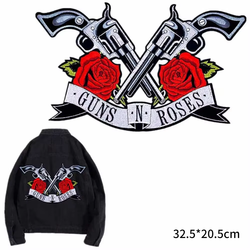 Double Guns N Roses Patch Rock Band Embroidered Applique Iron-on Jacket DIY Fashion Stickers Punk Clothes Decorative Accessories