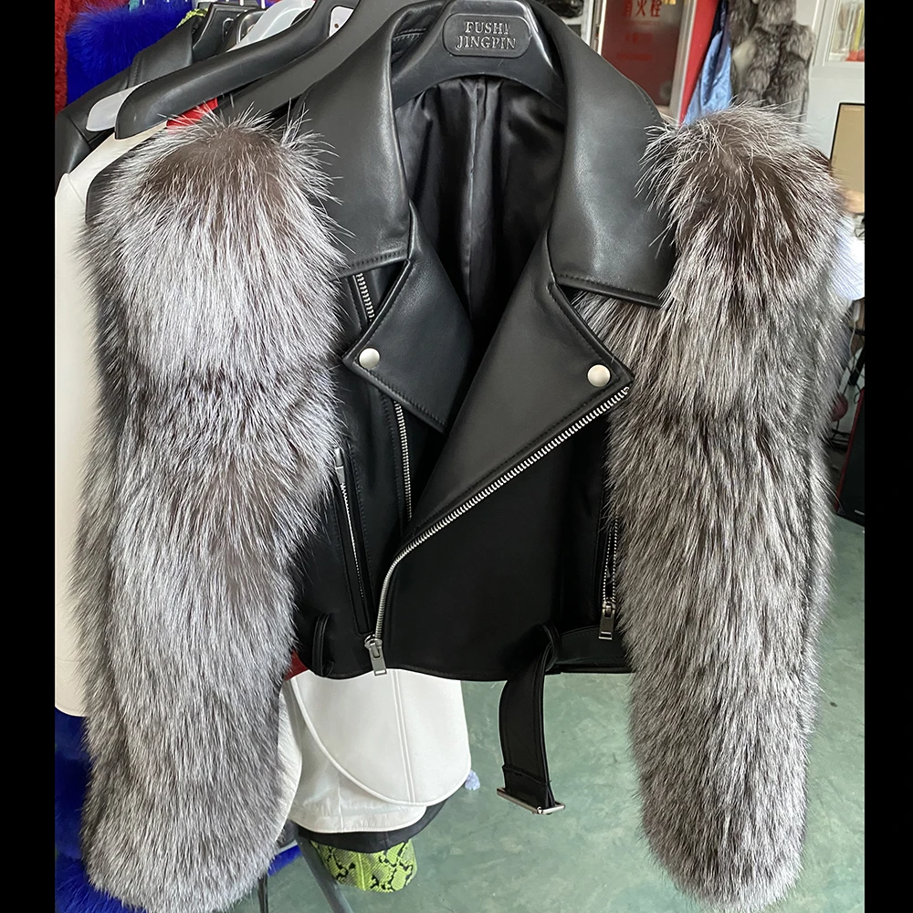 YOLOAgain Plus Size 8XL Jacket Coats Women Real Fox Fur Sleeve Genuine Leather Jacket Ladies Streetwear