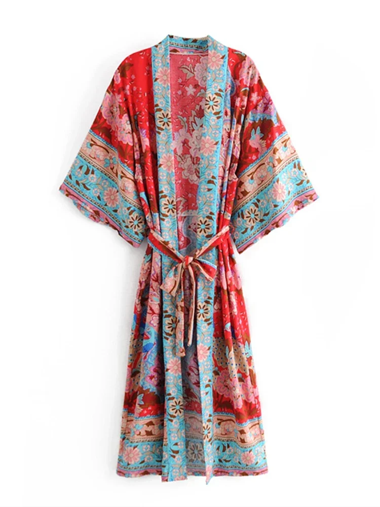Peacock red Floral print batwing sleeve women beach Bohemian Kimono robe dress Ladies V neck happie bikini Boho Cover-ups