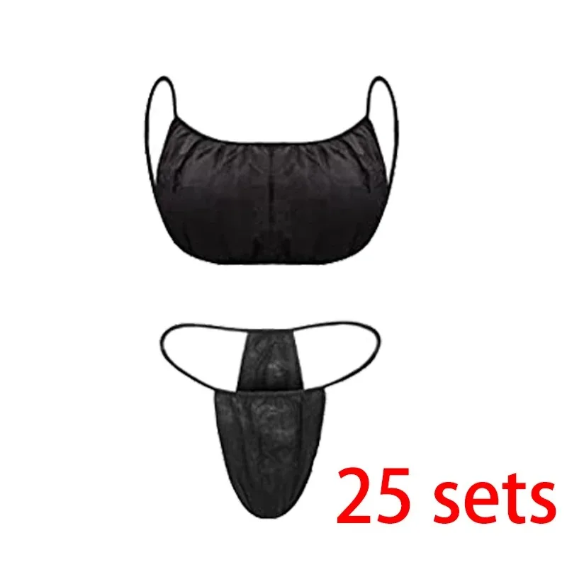 25Sets Black Disposable Non-Woven Fabric Bra Tops Thong Women Underwear Breathable Lingerie Brassiere for Beauty Salon Spa Sauna