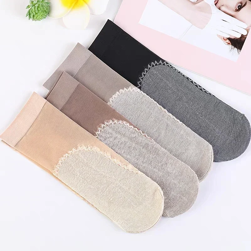 10Pcs Lace Ultrathin Socks Women Summer Breathable Silk Socks Female Mesh Elastic Non-Slip Bottom Splice Ankle Short Sox