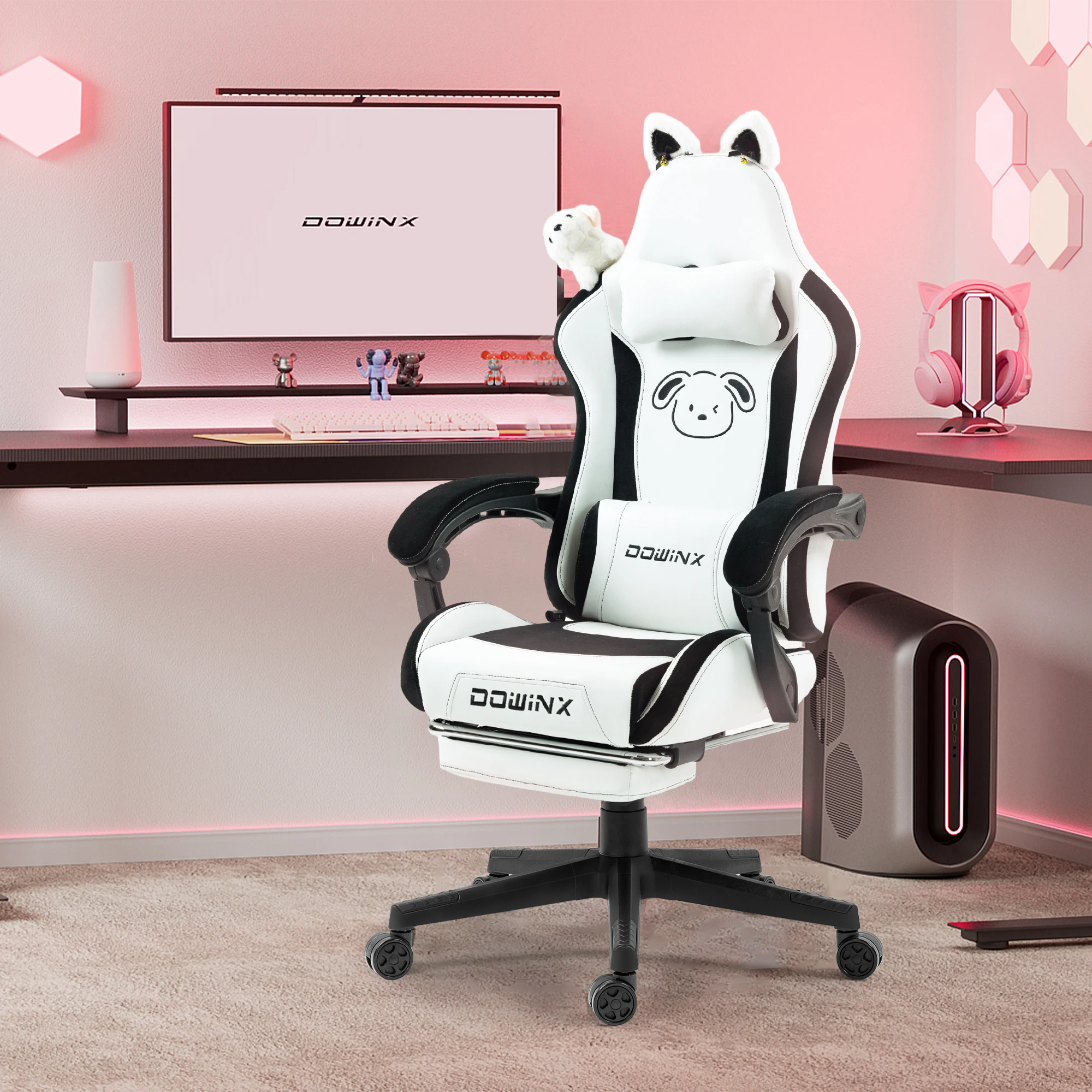 Dowinx Gaming Chair Cute with Cat Ears and Massage Lumbar Support, Ergonomic Computer Chair for Girl with Footrest and Headrest