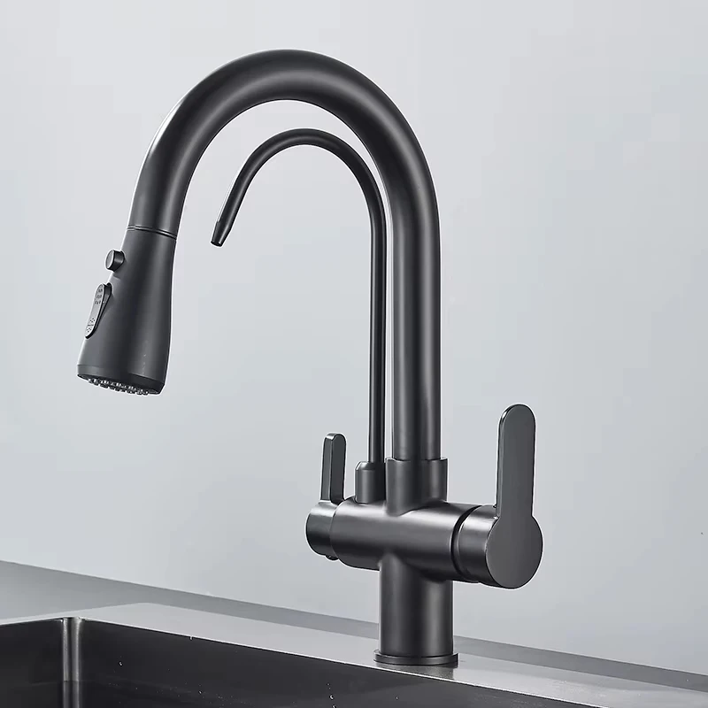 Quyanre Matte Black Filtered Crane For Kitchen Pull Out Spray 360 Rotation Water Filter Tap Three Ways Sink Mixer Kitchen Faucet