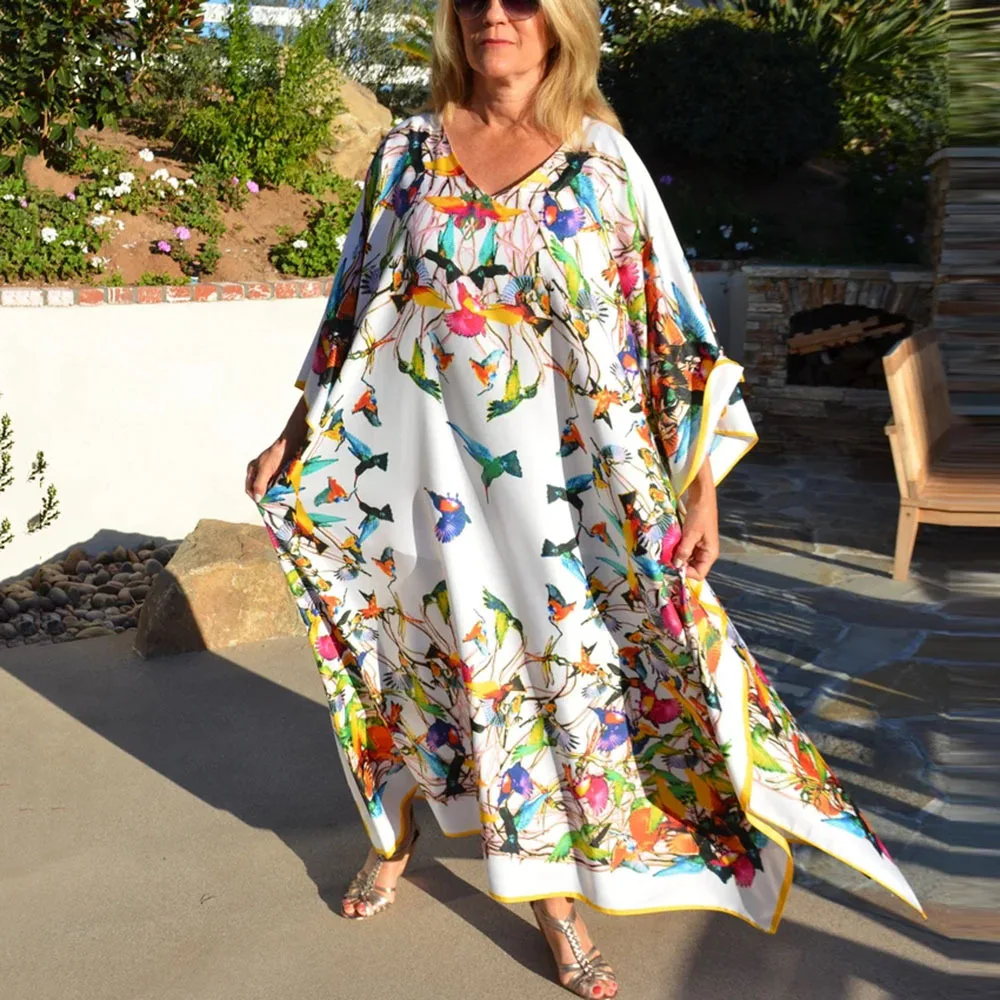 Beach Dresses Bird Bohemian Kaftans for Women 2023 New Loose Bikini Cover Ups Maxi Robe Elegant Bathing Suits