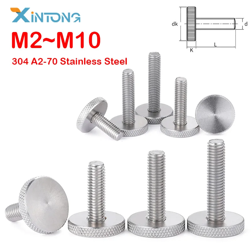 M2 M2.5 M3 M4 M5 M6 M8 M10 304 Stainless Steel GB835 Knurl Flat Head Hand Tighten Curtain Wall Glass Thumb Screw Bolt DIN653