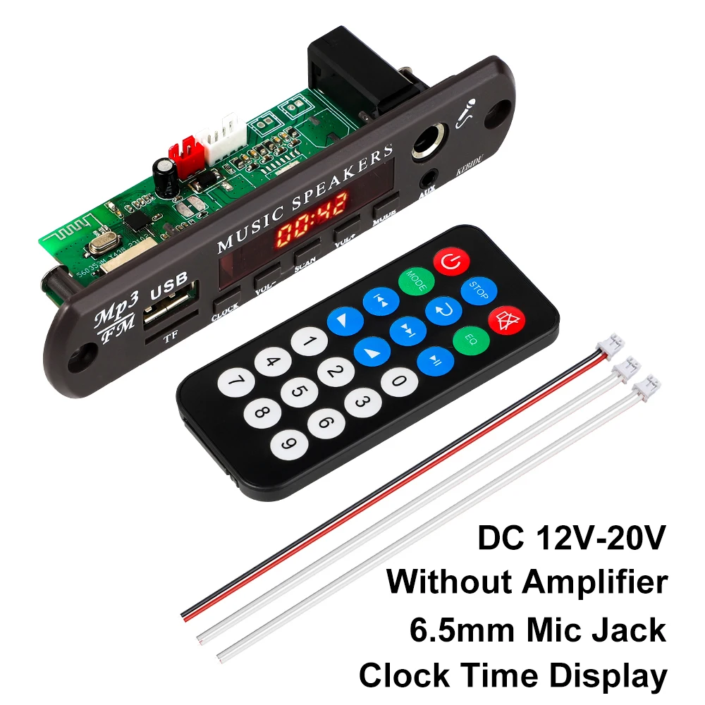 Bluetooth 5.0 Decoder Board MP3 Player 20W Amplifier Car Audio Player Speakers 6.5mm Microphone FM Radio TF USB Volume Control
