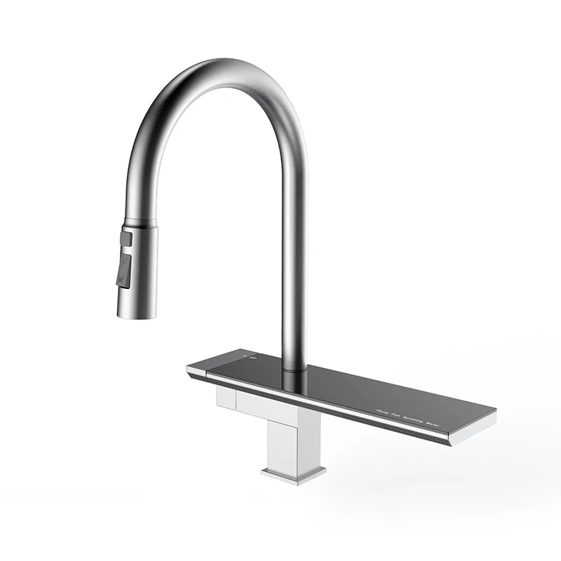 Popular Single Hole Waterfall Kitchen Faucets 304 Stainless Steel With Toughened Glass Pull Out Spray Mixer Kitchen Sink Faucet