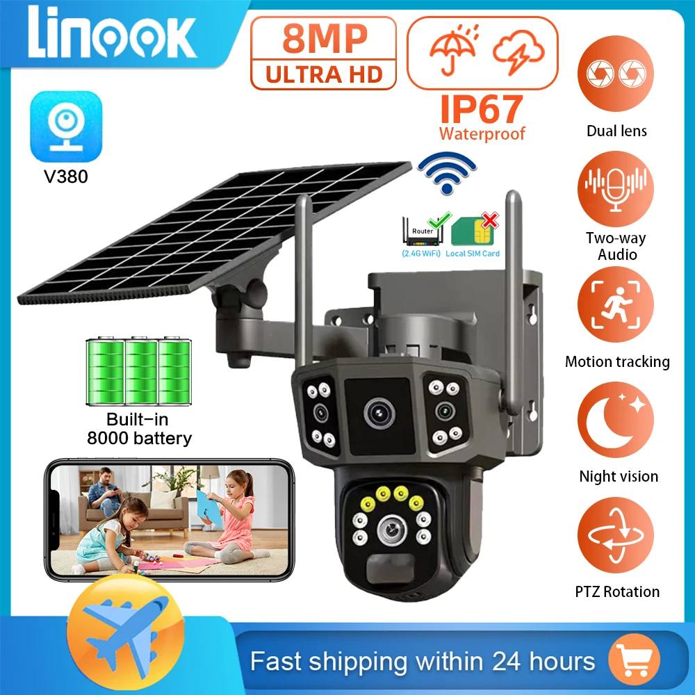 Linook 4K dual lens, 10X,outdoor security network camera,wireless WIFI solar closed-circuit television,4G sim solar camera,V380